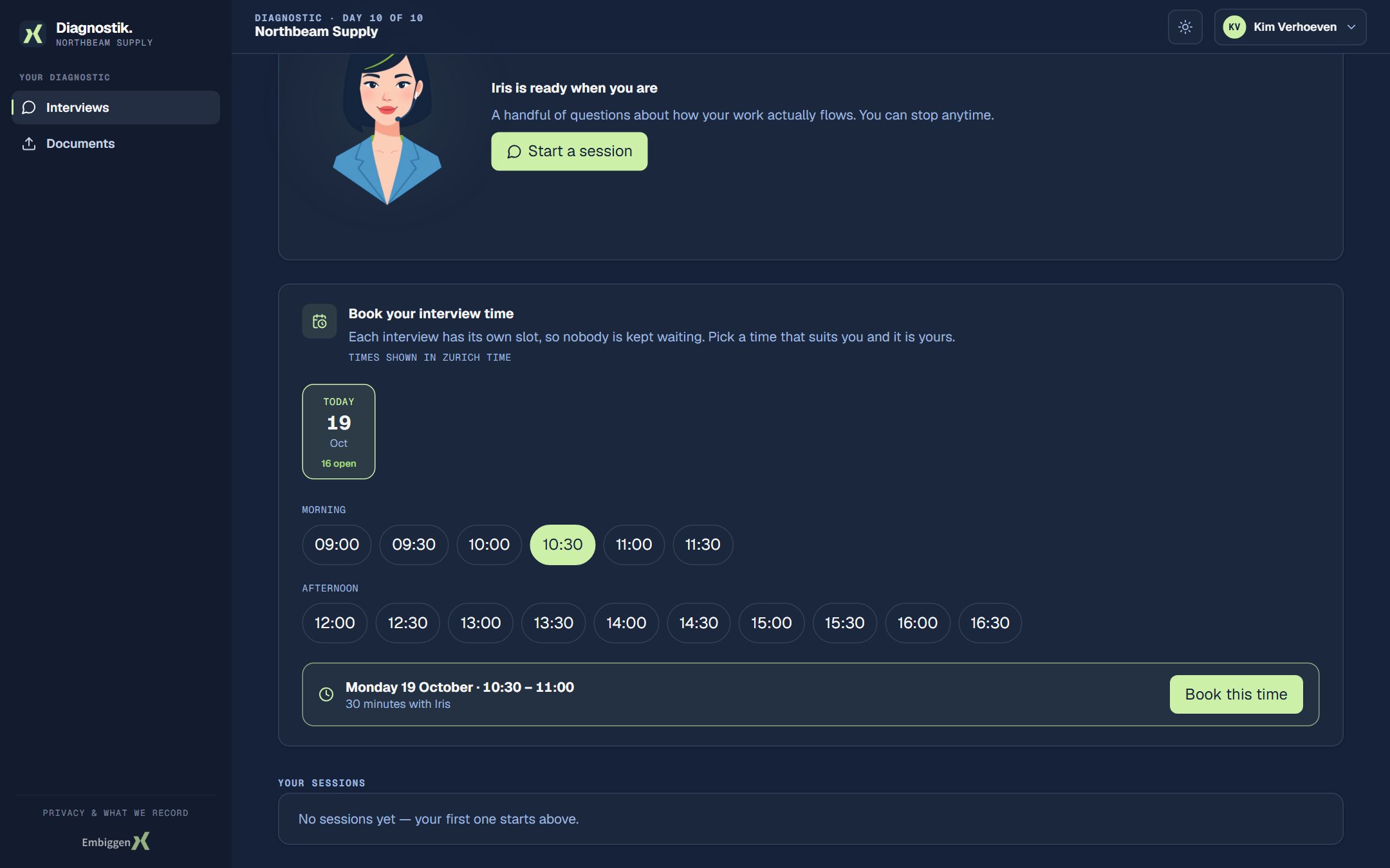 Booking a time: day cards, morning and afternoon times, and the confirm bar
